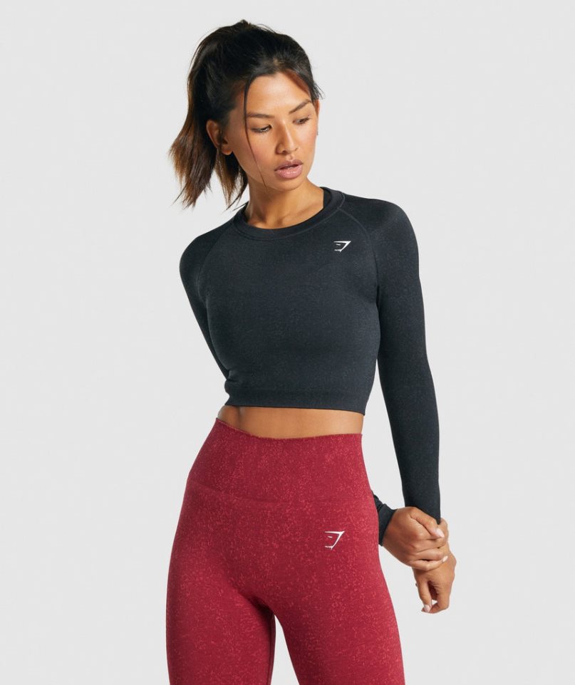 Women\'s Gymshark Adapt Fleck Seamless Long Sleeve Cropped Tops Black | NZ 6BWJSC